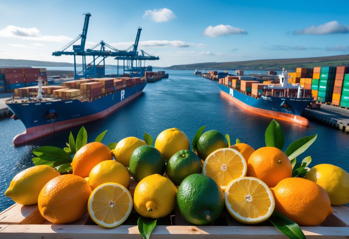 A busy Irish port with cargo ships and cranes, with fresh citrus fruits like oranges and lemons displayed in the foreground.