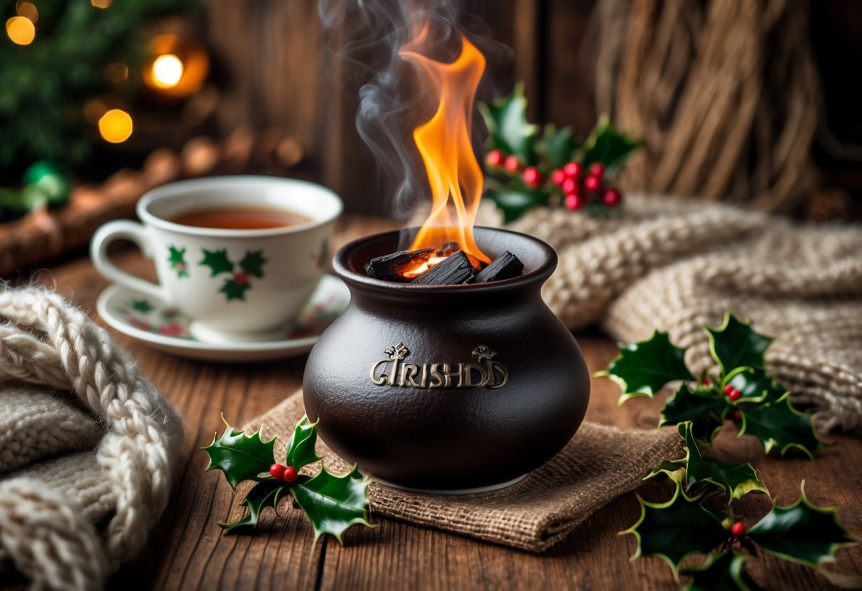 A small ceramic hot port with glowing charcoal on a wooden table surrounded by blankets and festive greenery.