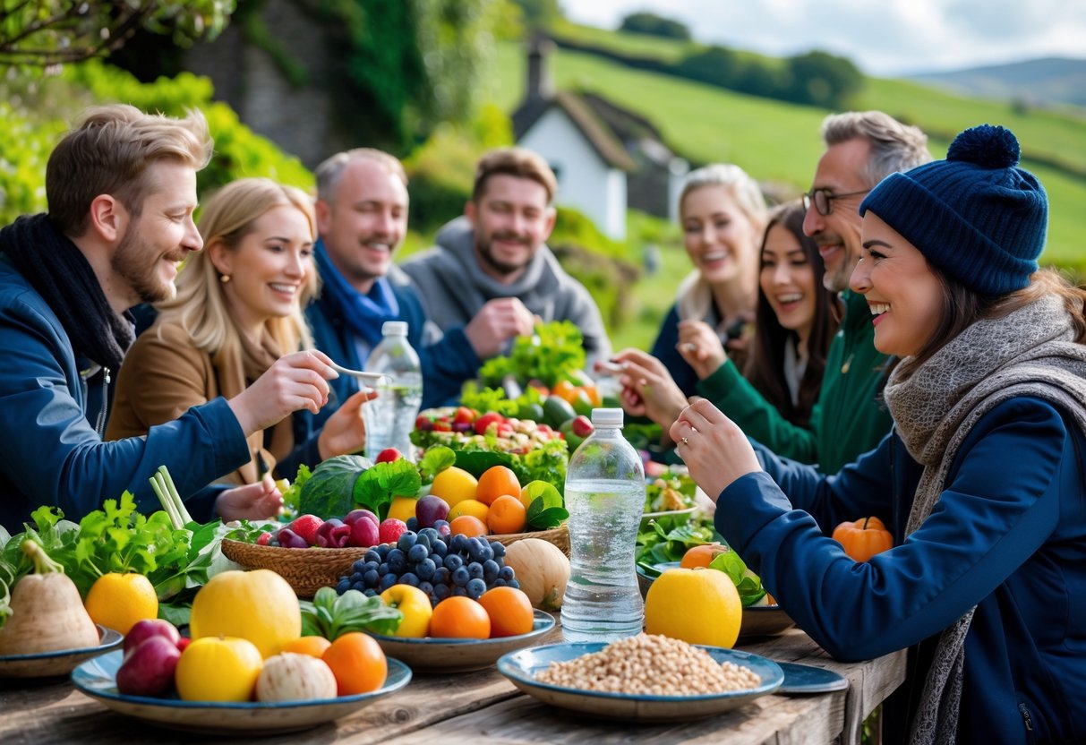 A group of people enjoying fresh fruits and vegetables outdoors in the Irish countryside on a sunny day.