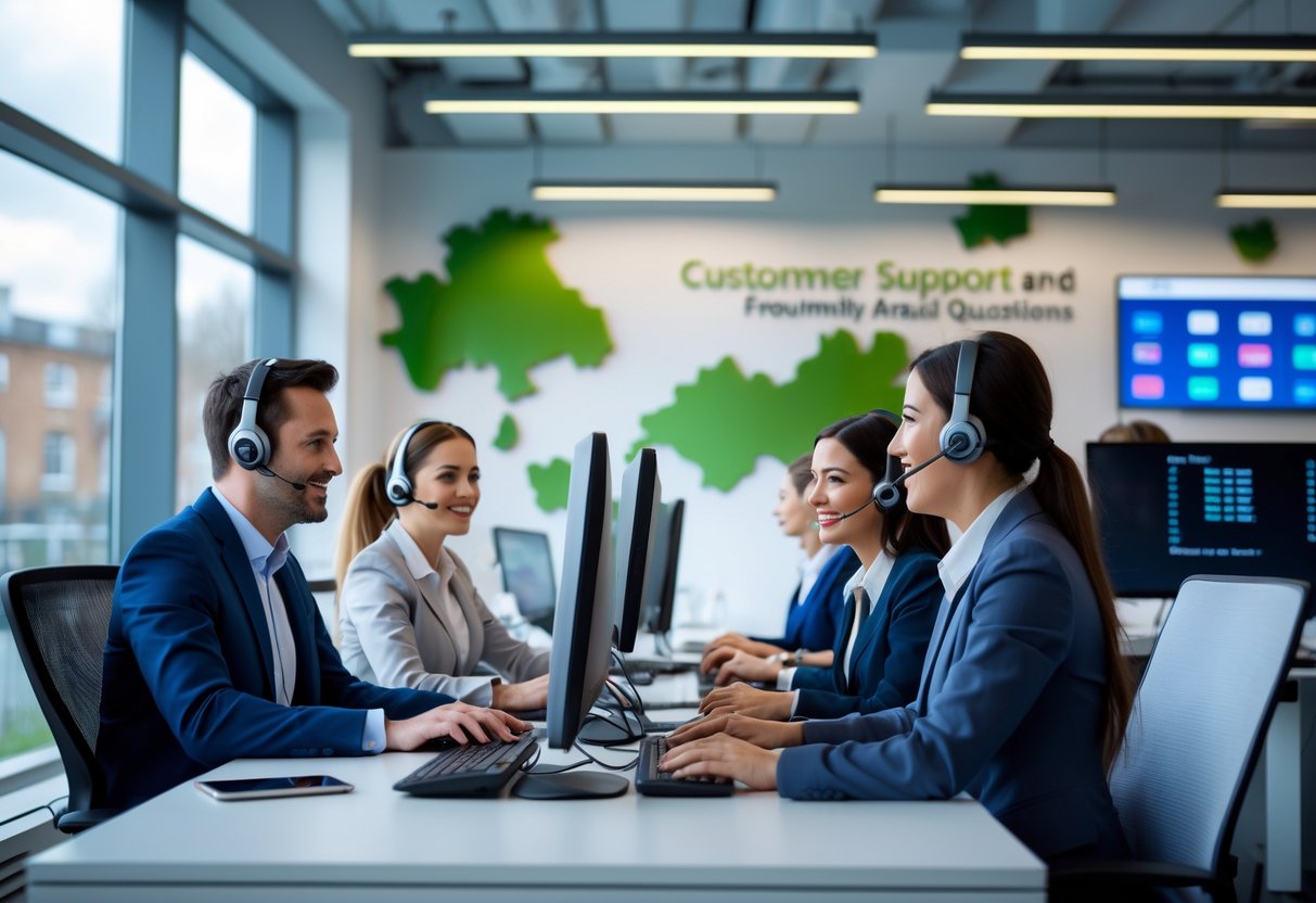 A team of customer service representatives working in a bright office with Irish-themed decorations.