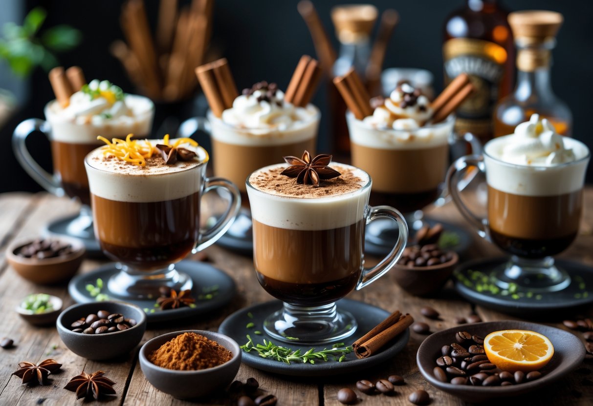 Several glass mugs of Irish coffee variations with creamy froth and garnishes on a wooden table surrounded by spices and alternative spirits.