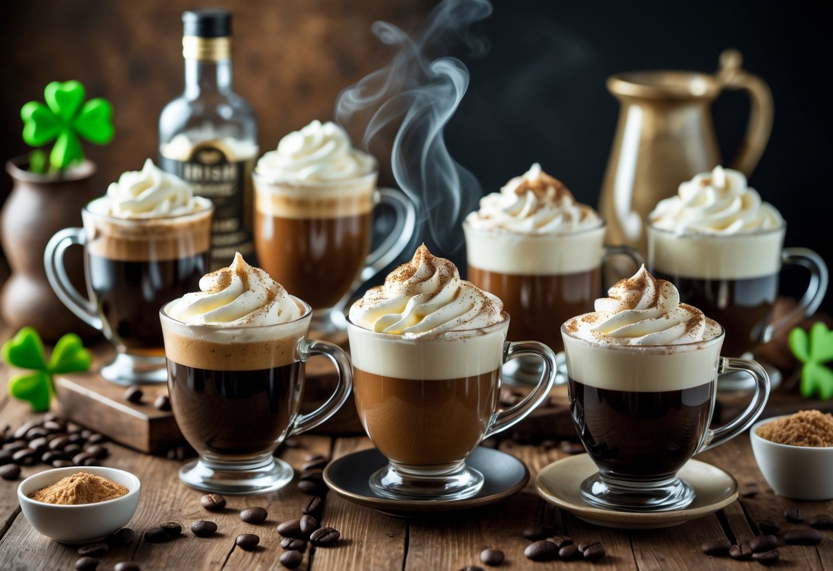 A table with several glasses of Irish coffee topped with whipped cream, surrounded by coffee beans, a bottle of Irish cream liqueur, and a small shamrock plant.