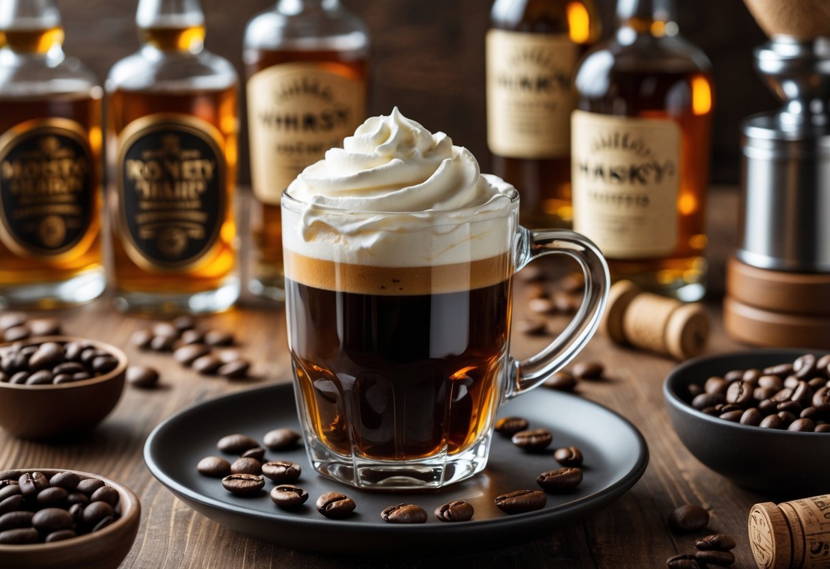 A glass mug of Irish coffee topped with whipped cream surrounded by several bottles of whiskey on a wooden surface with coffee beans and a coffee grinder nearby.