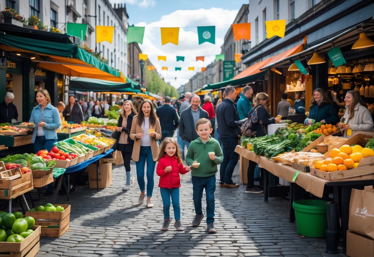 Families enjoying a busy outdoor food market in Dublin with fresh produce stalls and children tasting food.