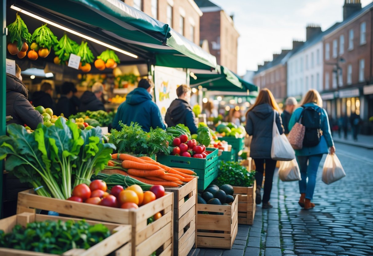 Outdoor food market in Dublin with fresh organic fruits and vegetables and people shopping.