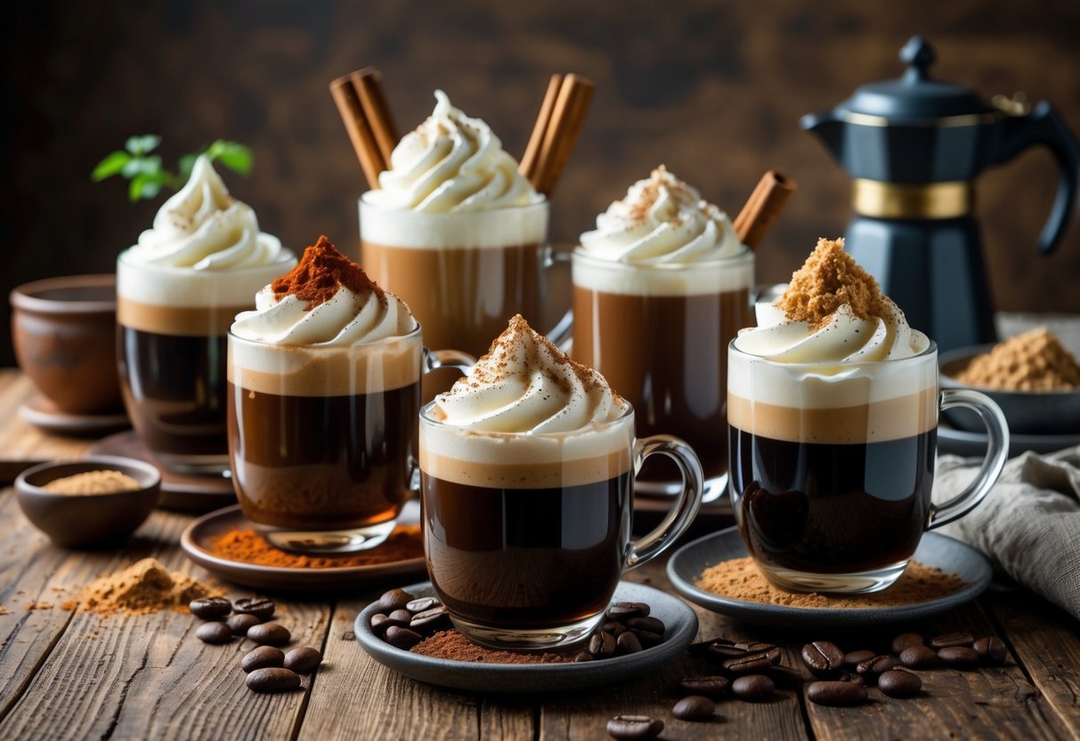 Several glasses of Irish coffee with whipped cream and various garnishes arranged on a wooden table.