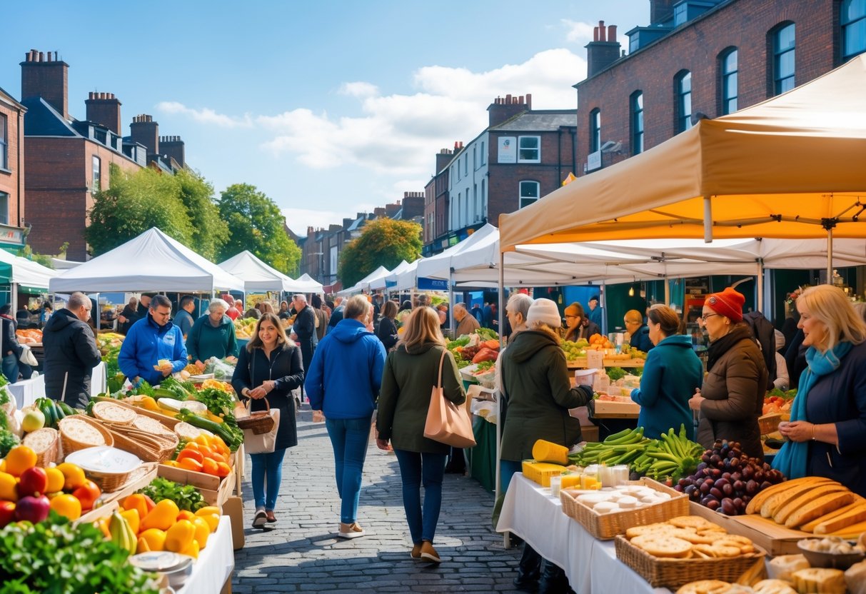 Outdoor food market in Dublin with people shopping at stalls selling fresh produce and local foods.