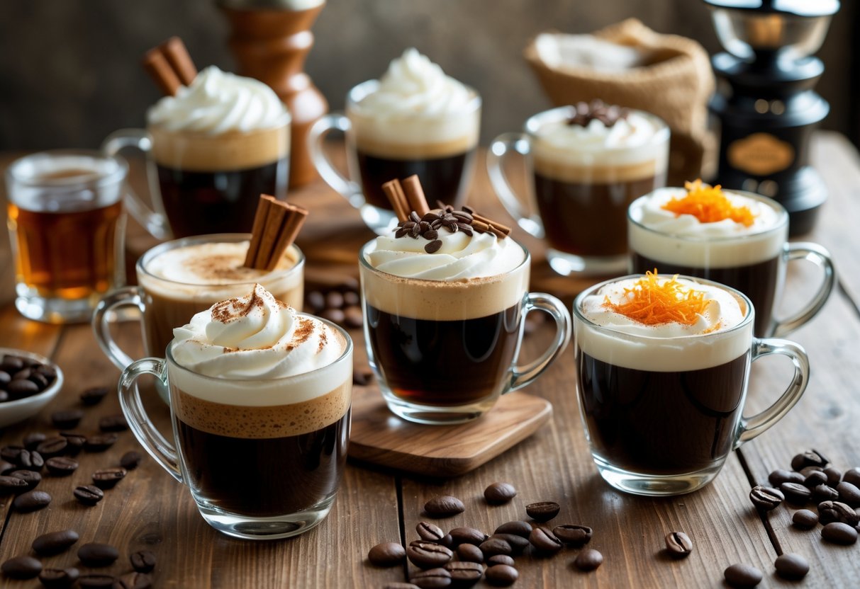 Several glass mugs of Irish coffee with whipped cream and garnishes arranged on a wooden table with coffee beans and whiskey bottle in the background.