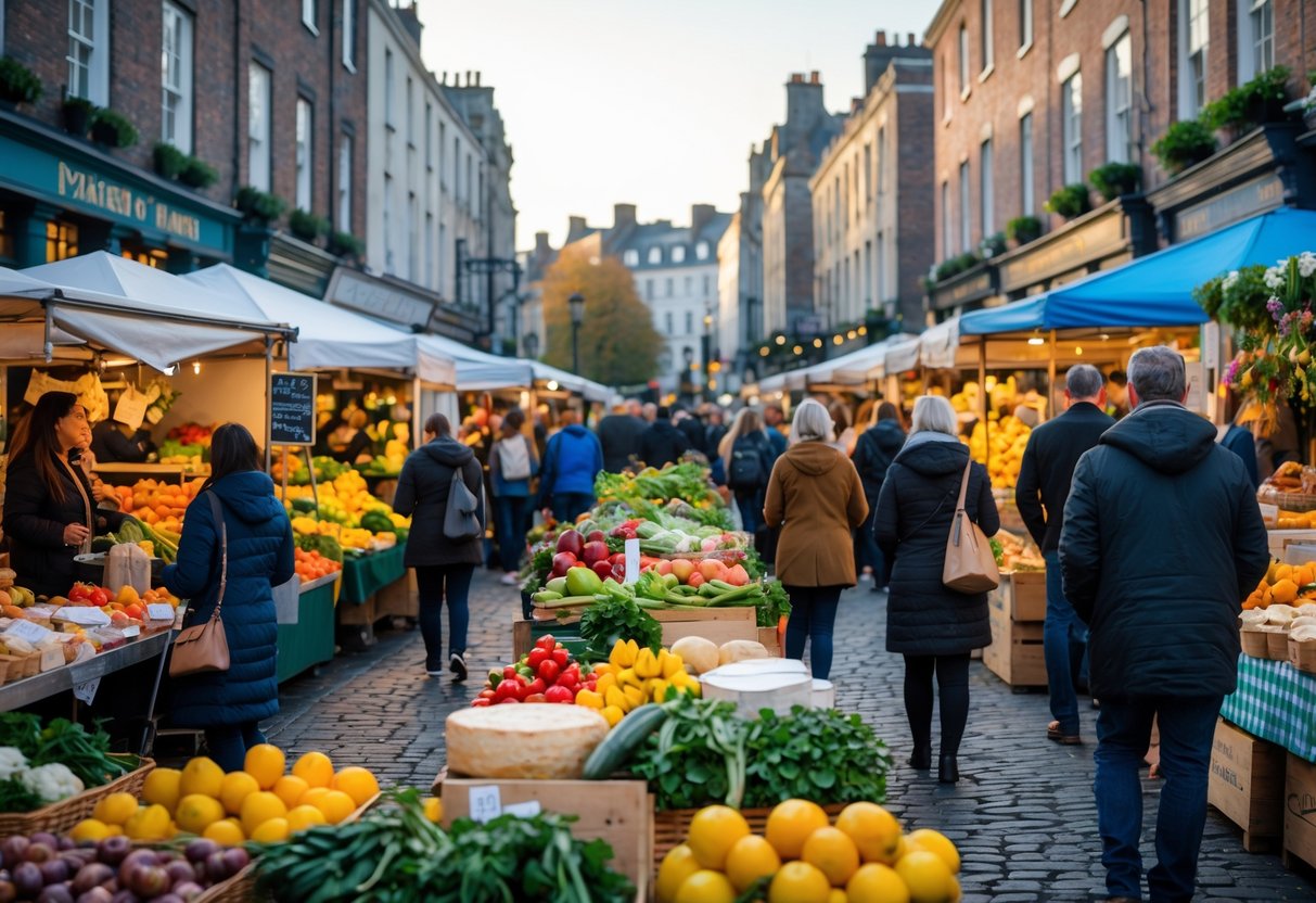 Outdoor food market in Dublin with colorful stalls selling fresh fruits, vegetables, and baked goods, surrounded by shoppers and historic buildings.