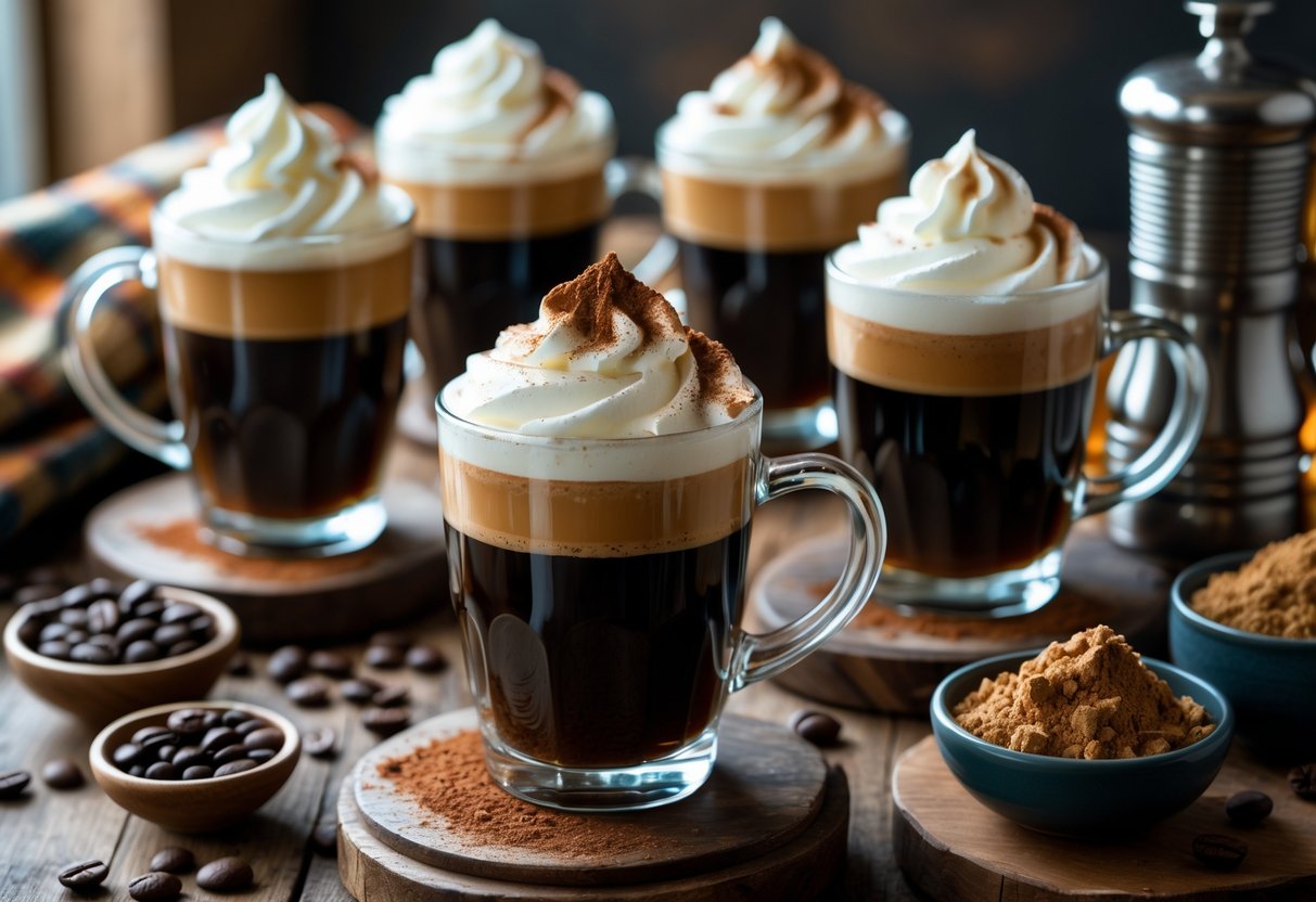 Several glasses of Irish coffee with whipped cream and spices on a wooden table surrounded by coffee ingredients and cozy decor.