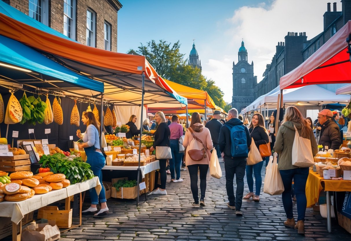 Outdoor food market in Dublin with vendors selling fresh produce and artisanal foods, shoppers browsing stalls on a cobblestone street.