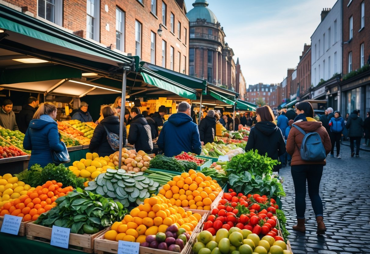 A busy outdoor food market in Dublin with people shopping at stalls filled with fresh fruits and vegetables.