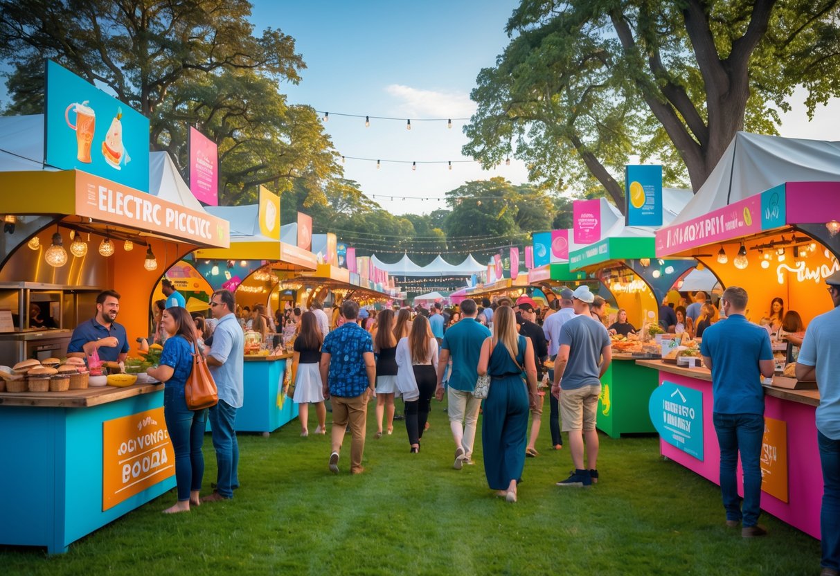 Outdoor food market with multiple colorful food stalls and people enjoying a lively picnic event in a green park setting.