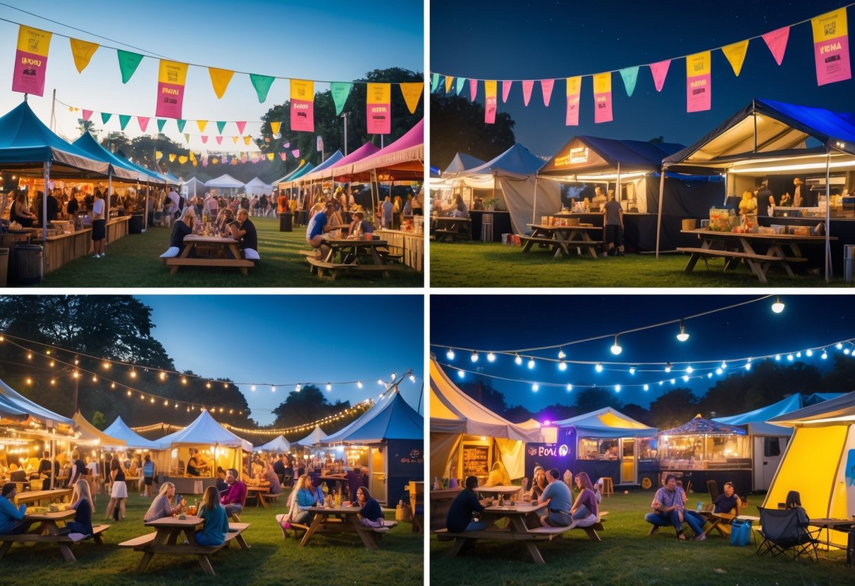 Outdoor festival with three food areas: a busy main arena with food stalls and picnic tables, a campsite with tents and campfires where people cook and eat, and a glowing late-night food zone with neon-lit trucks and people relaxing under the stars.