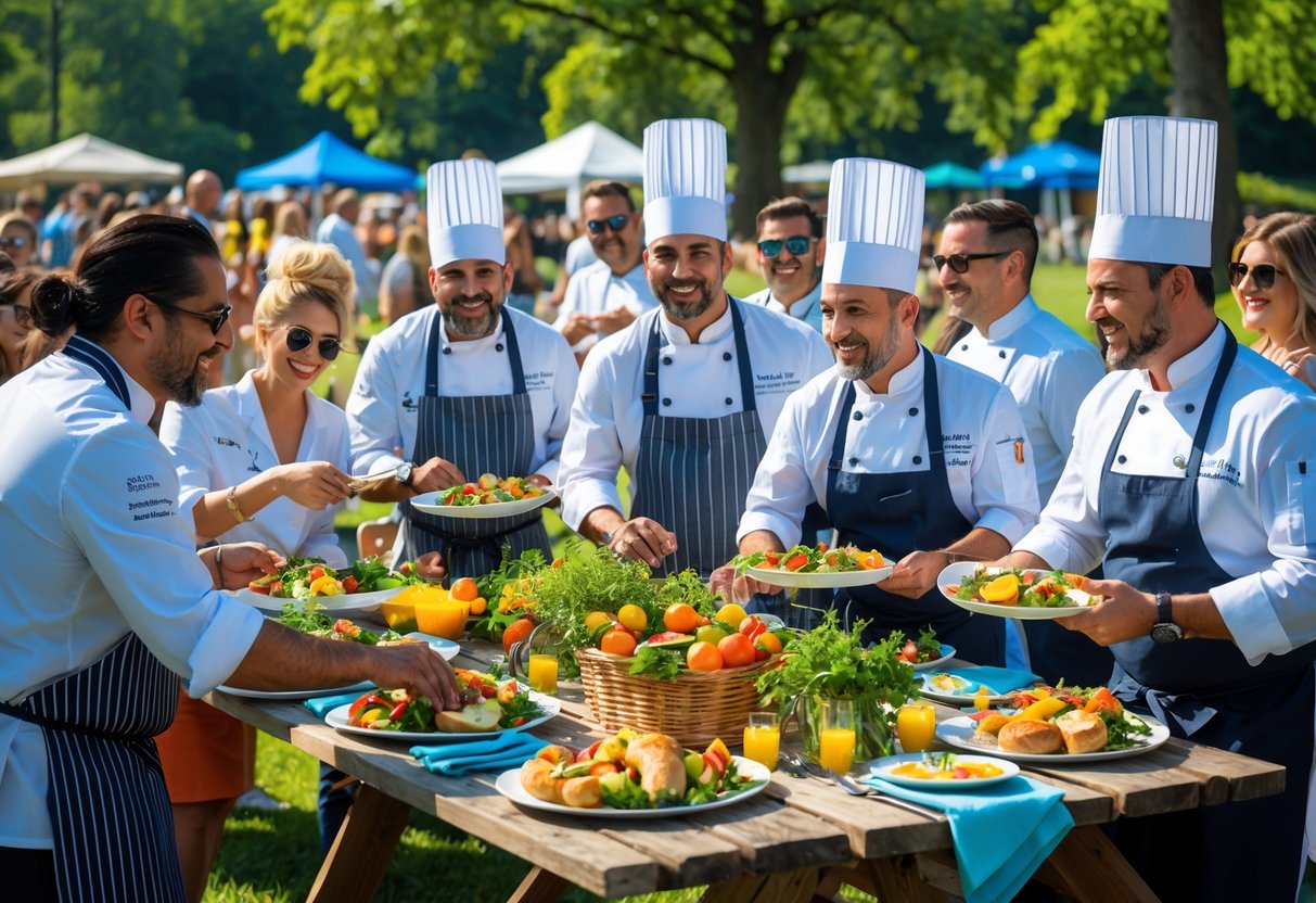 Star chefs and culinary personalities preparing and serving gourmet picnic food outdoors at a sunny park event.