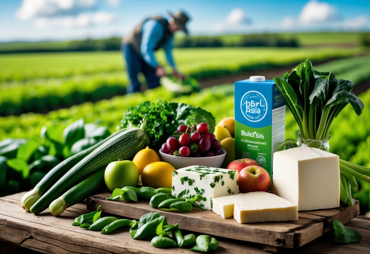 Close-up of fresh vegetables, fruits, and dairy on a wooden table with a farmer inspecting crops in the background.