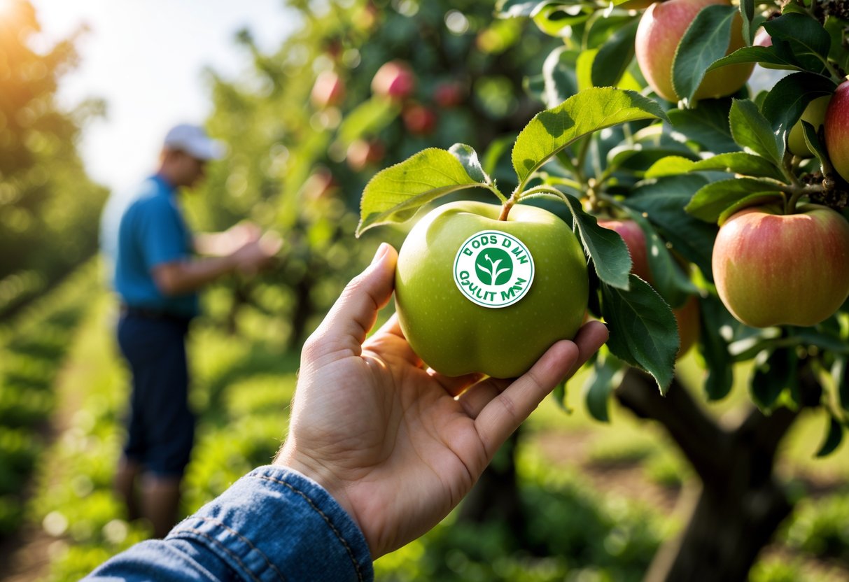 A hand holding a fresh green apple with a small quality mark sticker, with a farmer inspecting fruit in a sunlit orchard in the background.
