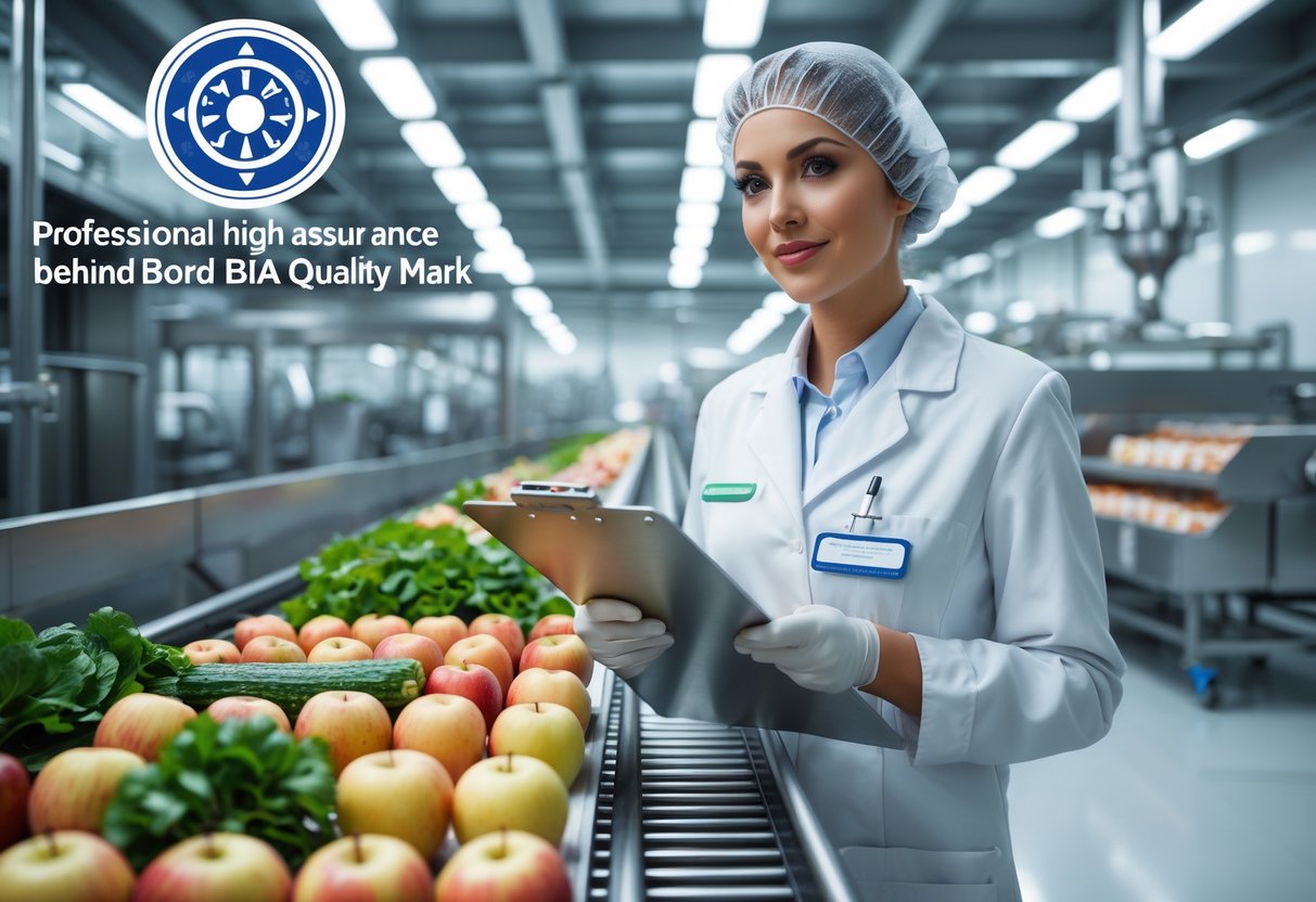 A quality inspector in a lab coat and hairnet examines fresh produce on a conveyor belt inside a clean food production facility.