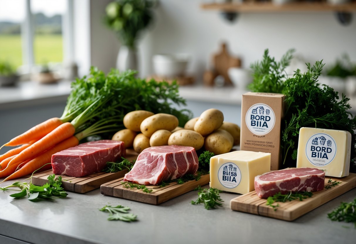 A variety of fresh Irish vegetables, meat, and dairy products arranged on a kitchen countertop with a blurred countryside background.