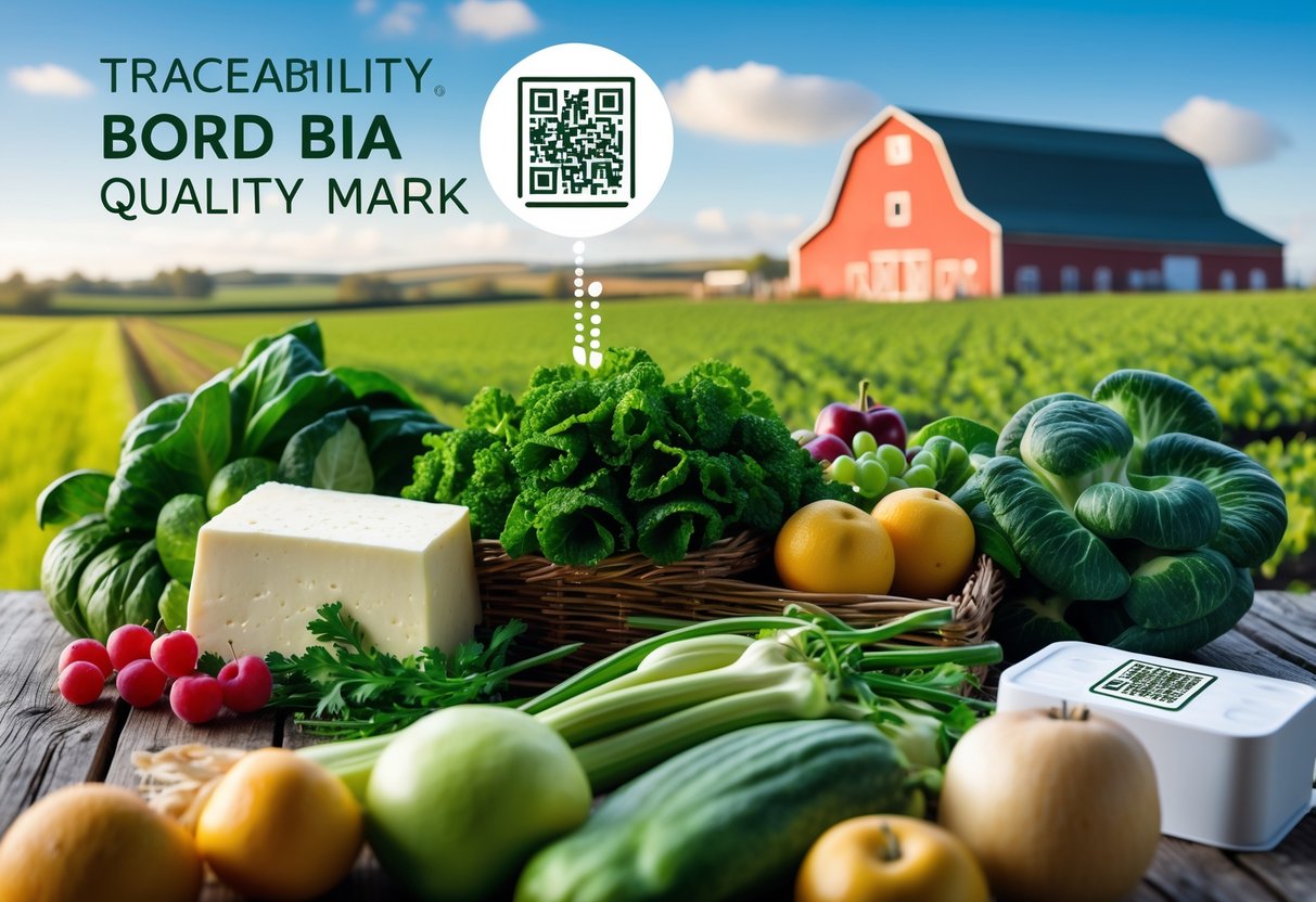 Fresh Irish produce on a wooden table with green fields and a red barn in the background, illustrating food origin and quality.