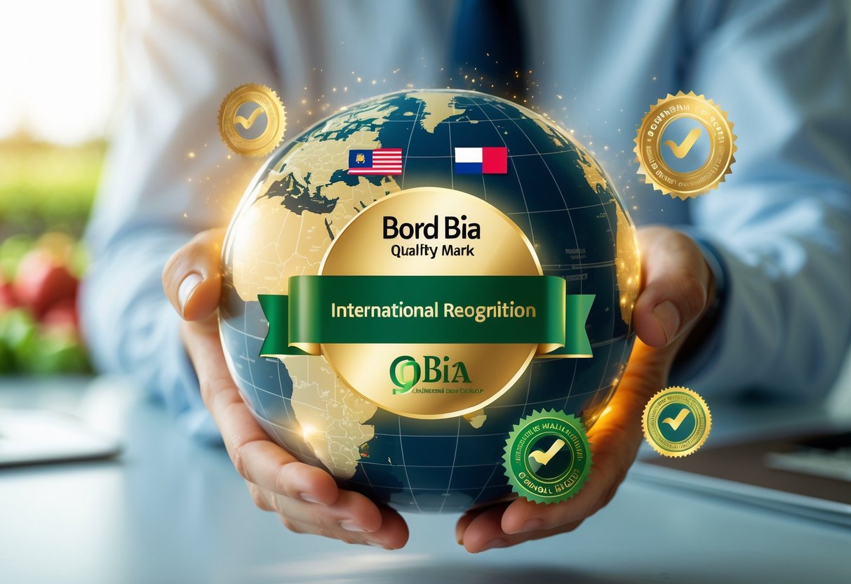 Hands holding a globe with international flags and glowing quality seals, set against a blurred office and agricultural background.