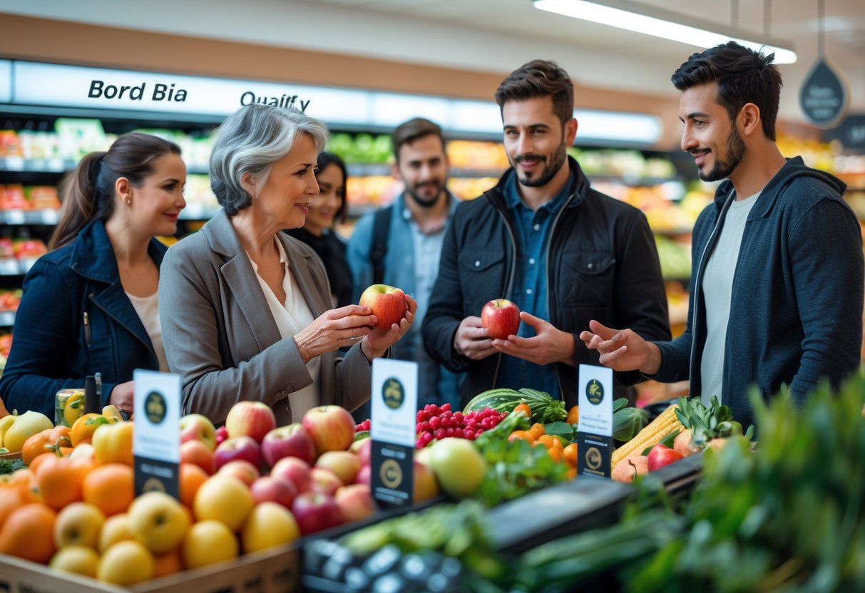 Consumers shopping in a grocery store examining fresh produce with quality certification labels, showing trust and satisfaction.