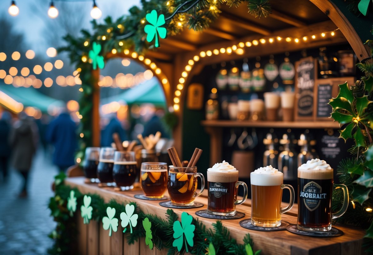 A festive Irish Christmas market stall displaying mugs of mulled wine, whiskey toddies, Irish coffee, and stout beer with holiday decorations and glowing lights in the background.