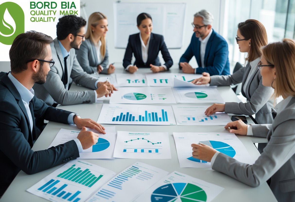 A group of professionals collaborating around a conference table with charts and documents related to quality audits.