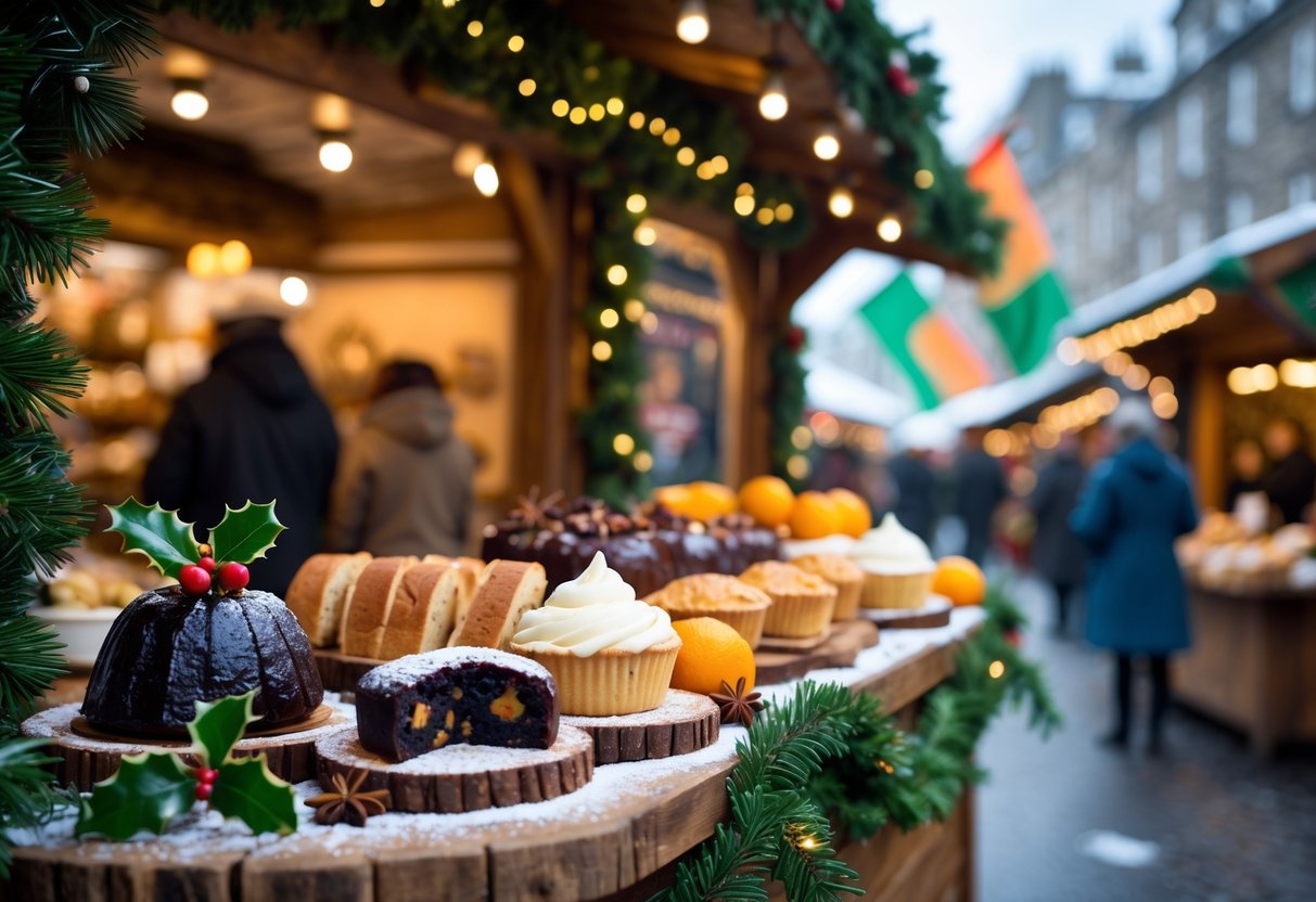 A market stall displaying traditional Irish Christmas desserts including plum pudding, barmbrack bread, and mince pies, decorated with festive greenery and lights, with people and other stalls in the background.
