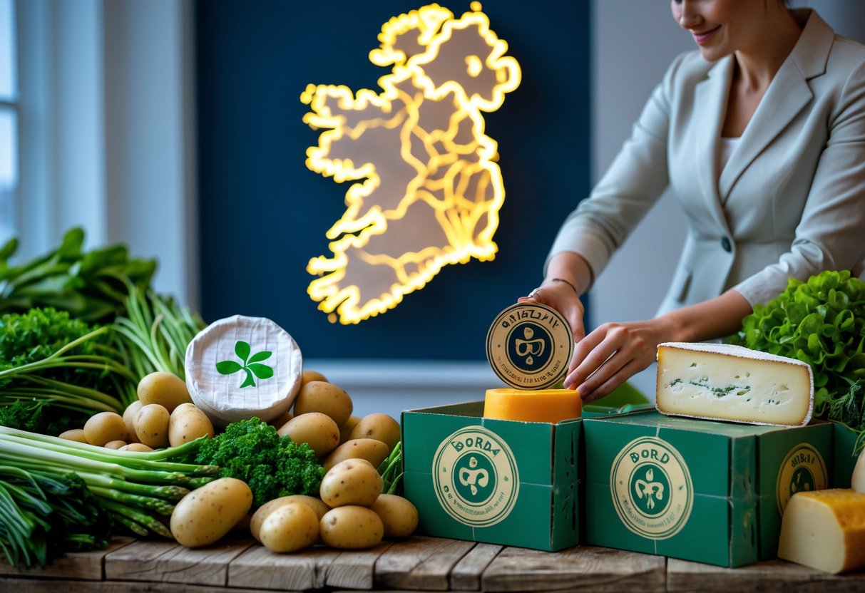 A person placing a quality mark emblem on a crate of fresh Irish food including vegetables and cheese on a wooden table with a softly lit map of Ireland in the background.