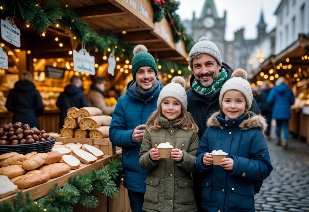 A family enjoying food at a festive Christmas market in Ireland with wooden stalls and holiday decorations.