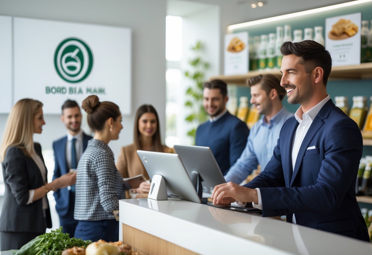 Customer service representative assisting customers at a modern information desk with Irish food products displayed in the background.
