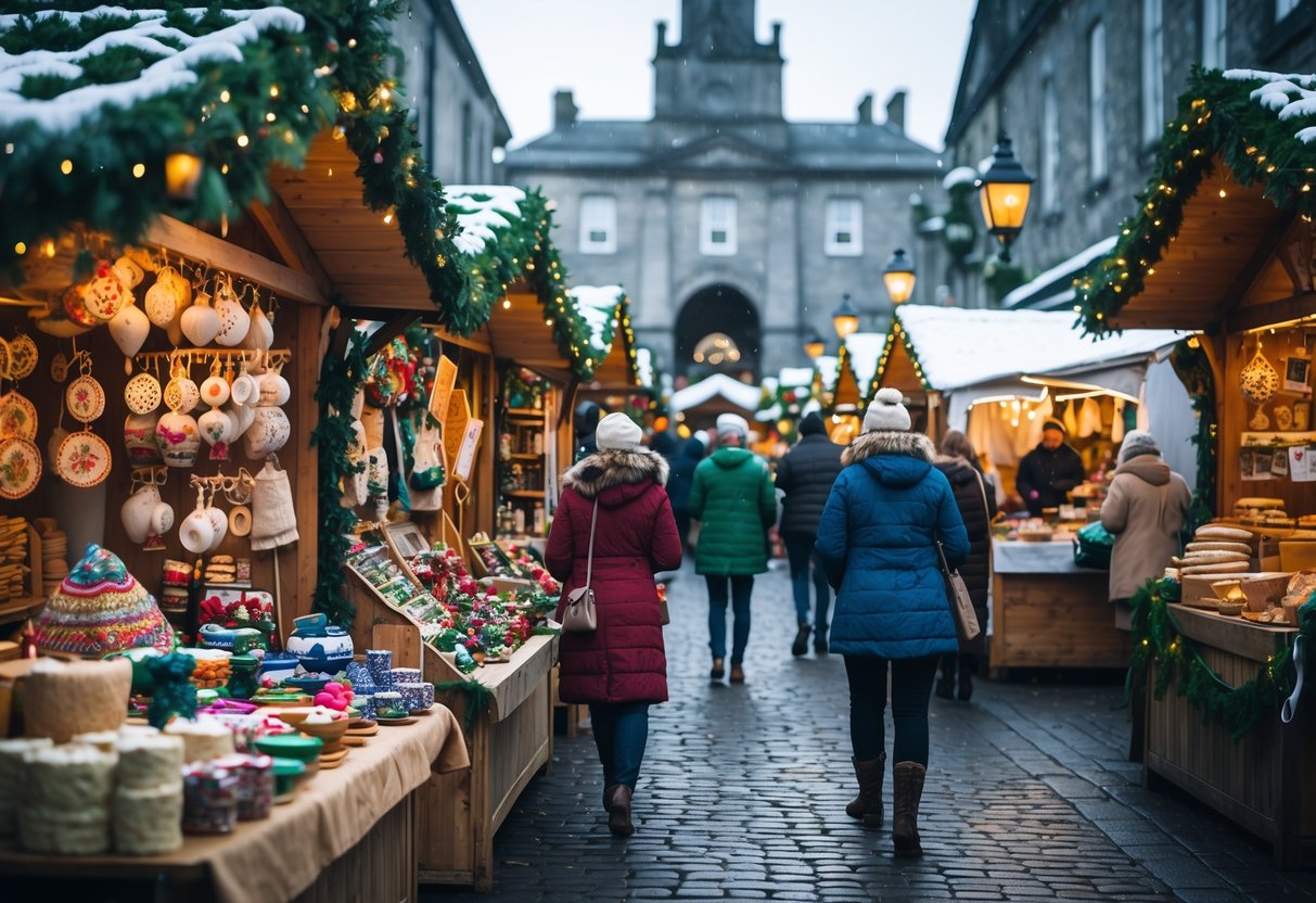 People browsing stalls with handmade crafts and traditional Irish food at a Christmas market outdoors in winter.