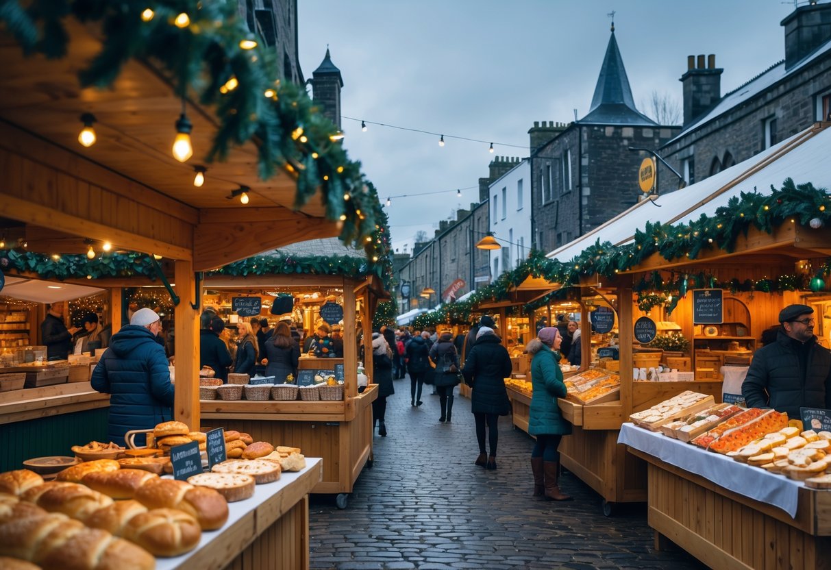 A busy Irish Christmas market with wooden stalls selling traditional foods and shoppers browsing under festive lights and decorations.