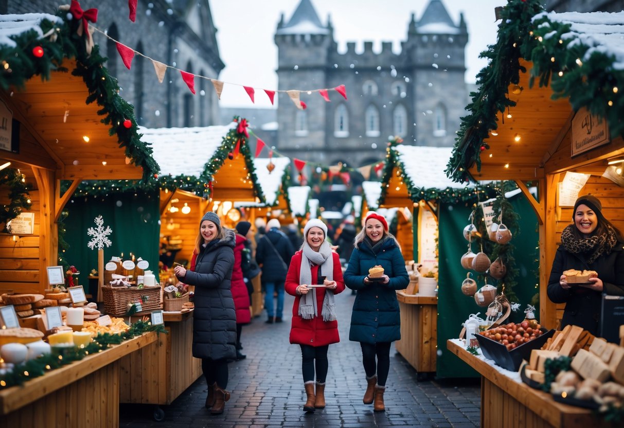 A busy Christmas market in Ireland with decorated stalls, people enjoying festive food, and historic buildings in the background.