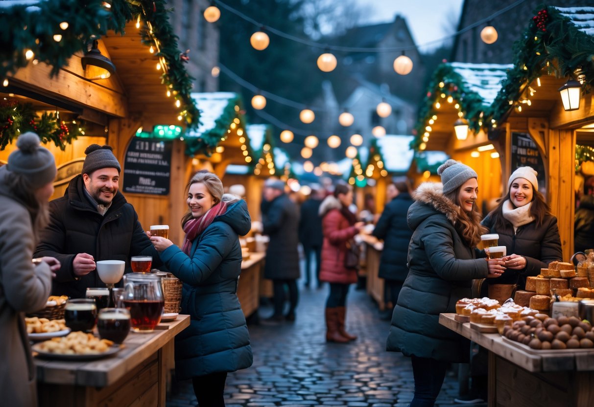 People enjoying traditional Irish Christmas market foods at festive wooden stalls decorated with lights and greenery on a snowy evening.