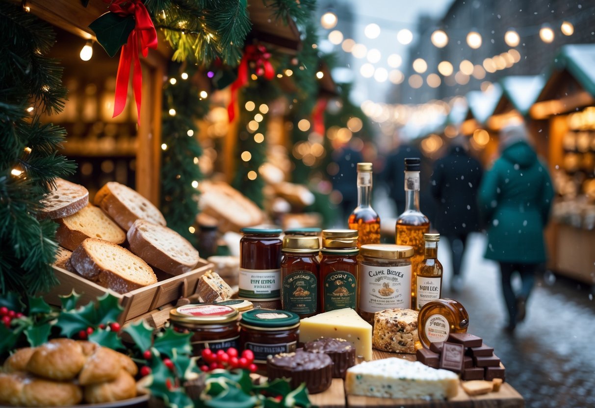 A festive Christmas market stall in Ireland displaying traditional Irish food gifts and souvenirs with holiday decorations and people browsing in the background.