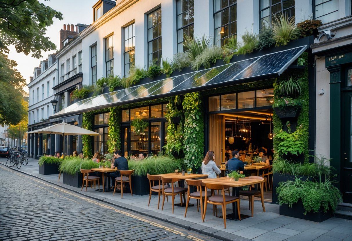 Exterior of a sustainable restaurant in Dublin with outdoor seating, greenery, and a cobblestone street.