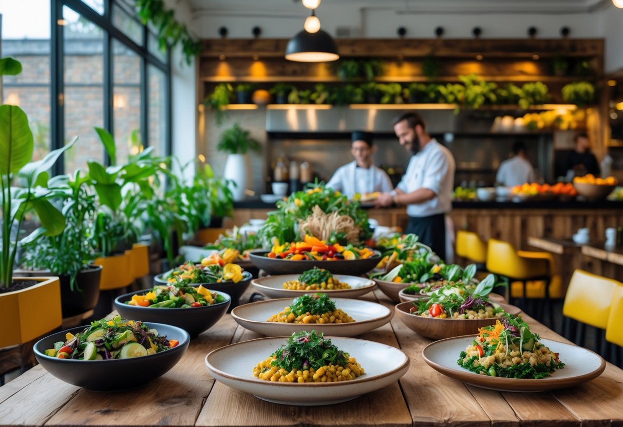 Interior of a sustainable restaurant with fresh vegan and vegetarian dishes on a wooden table and green plants around.