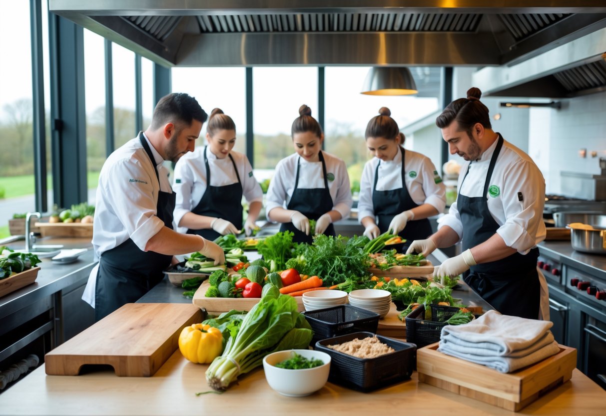 Chefs working in a clean Irish restaurant kitchen using fresh vegetables and eco-friendly containers, practicing zero waste strategies.