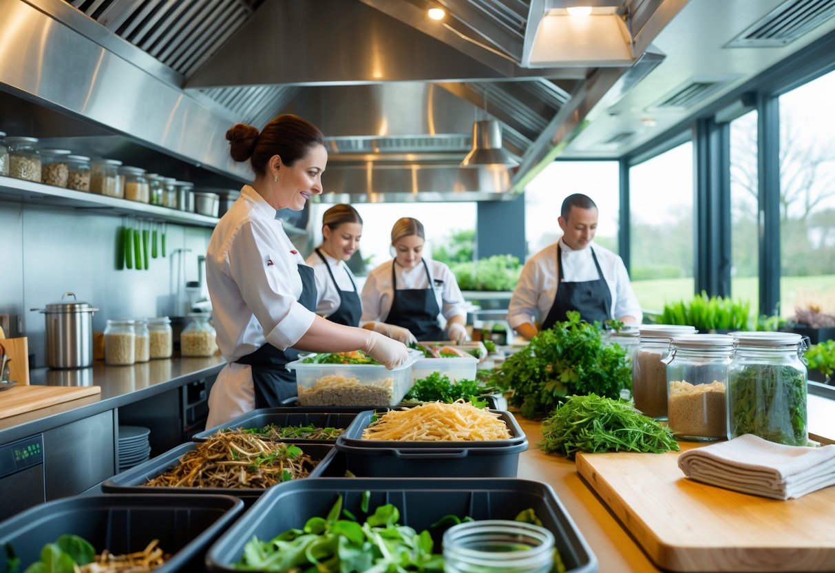 A restaurant kitchen with chefs using compost bins, reusable containers, and fresh local produce, highlighting sustainable zero waste practices.
