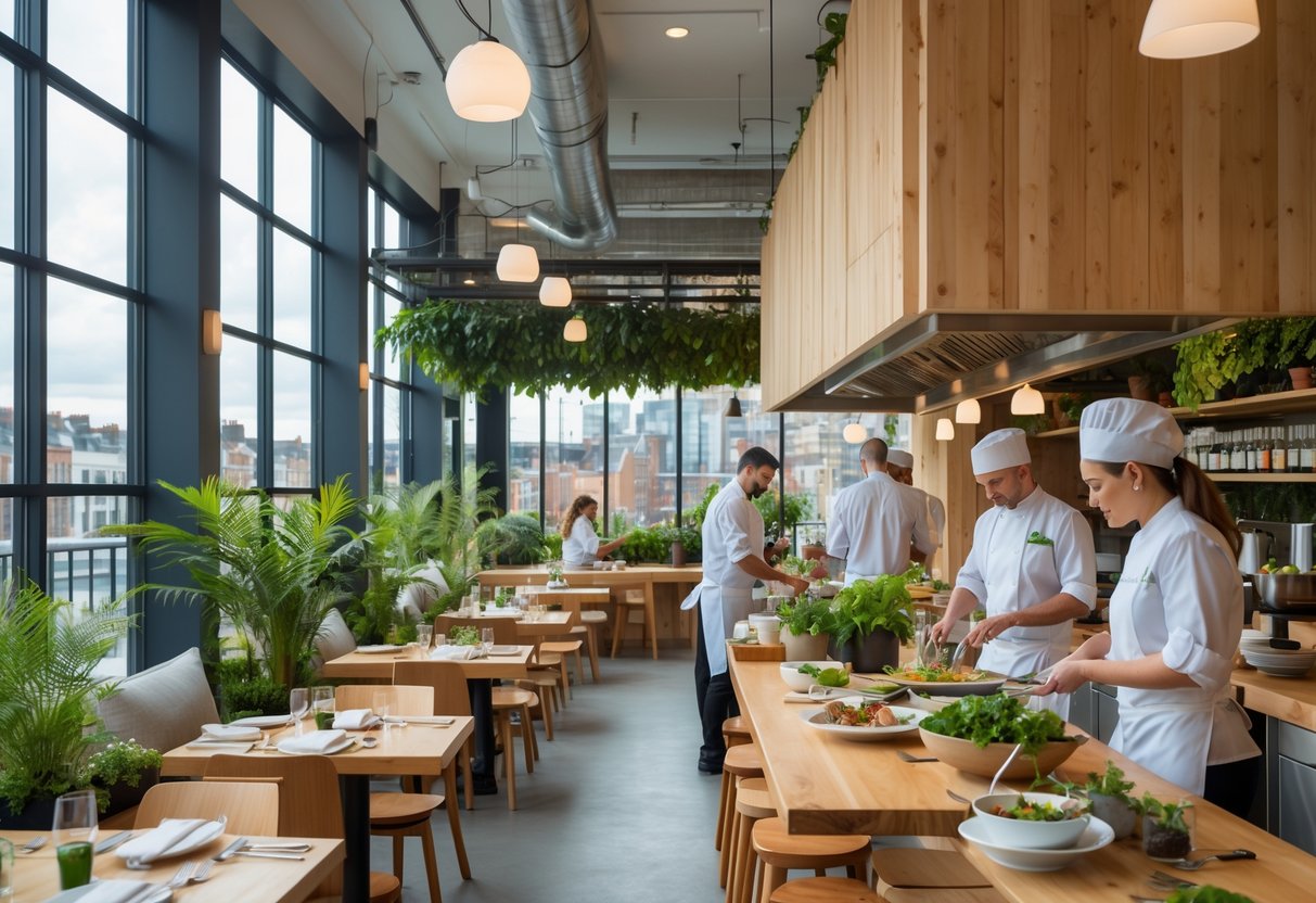 Interior of a modern sustainable restaurant in Dublin with chefs preparing fresh food and green plants decorating the space.