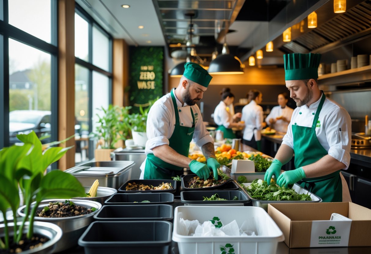 A busy restaurant kitchen in Ireland with staff sorting food waste into compost and recycling bins while customers dine in the background.