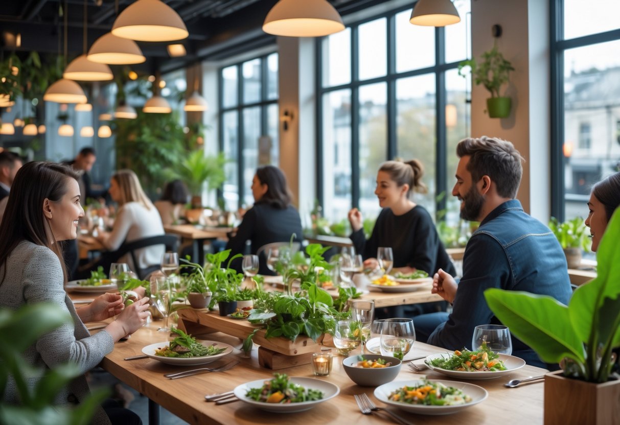 Interior of a sustainable restaurant with diners enjoying plant-based meals at wooden tables surrounded by green plants and natural light.