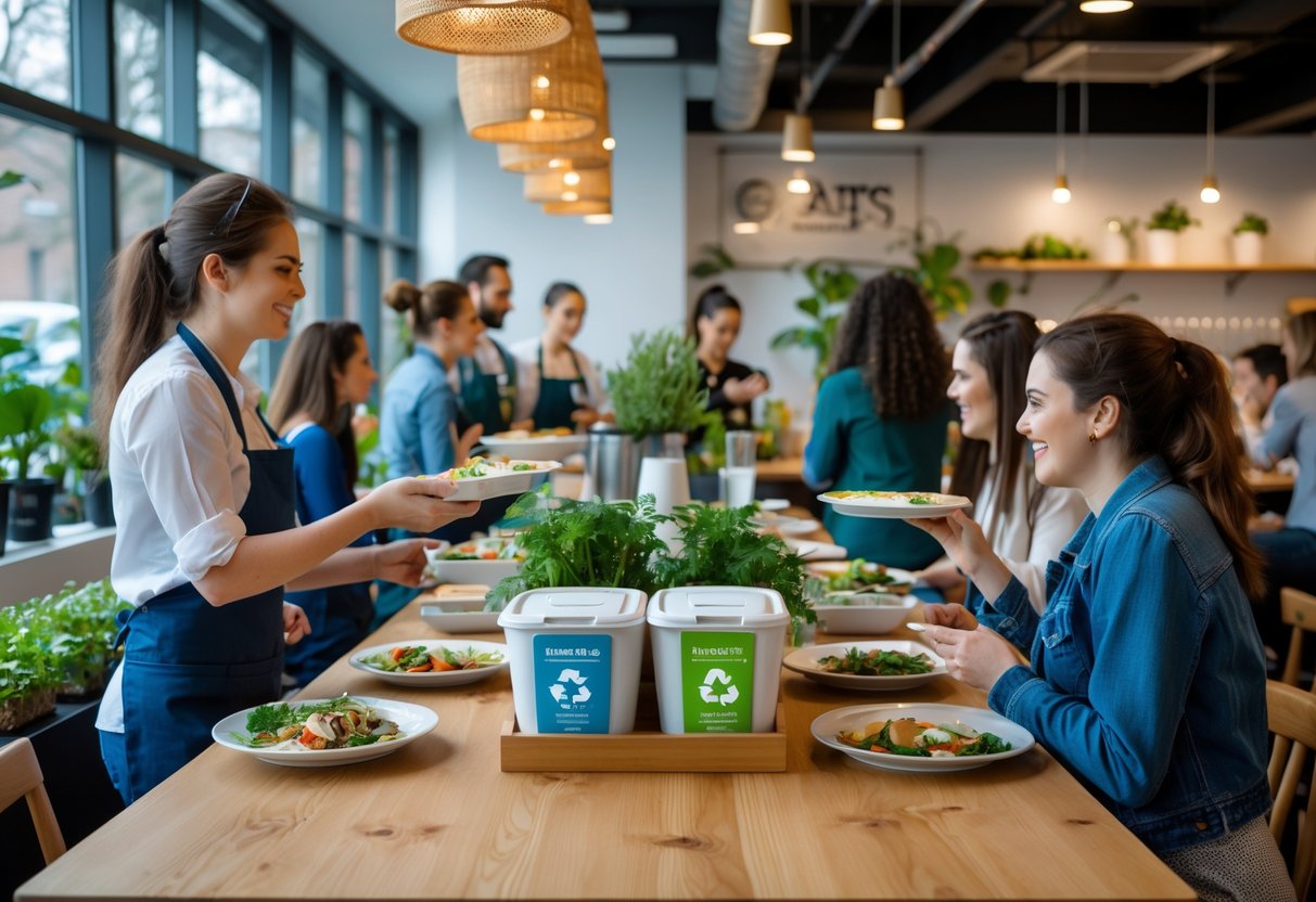 Customers and staff interacting in a zero waste restaurant with eco-friendly decor and waste separation bins.