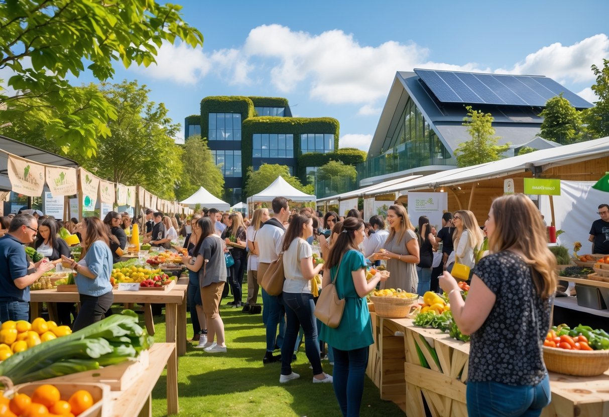 People enjoying an outdoor sustainable food festival in Dublin with fresh produce stalls and eco-friendly decorations, surrounded by green-roofed buildings.