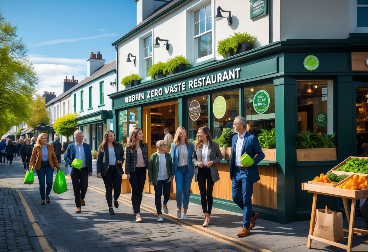 A sunny street in an Irish town with a zero waste restaurant and local people carrying reusable containers and shopping bags, surrounded by greenery and market stalls.