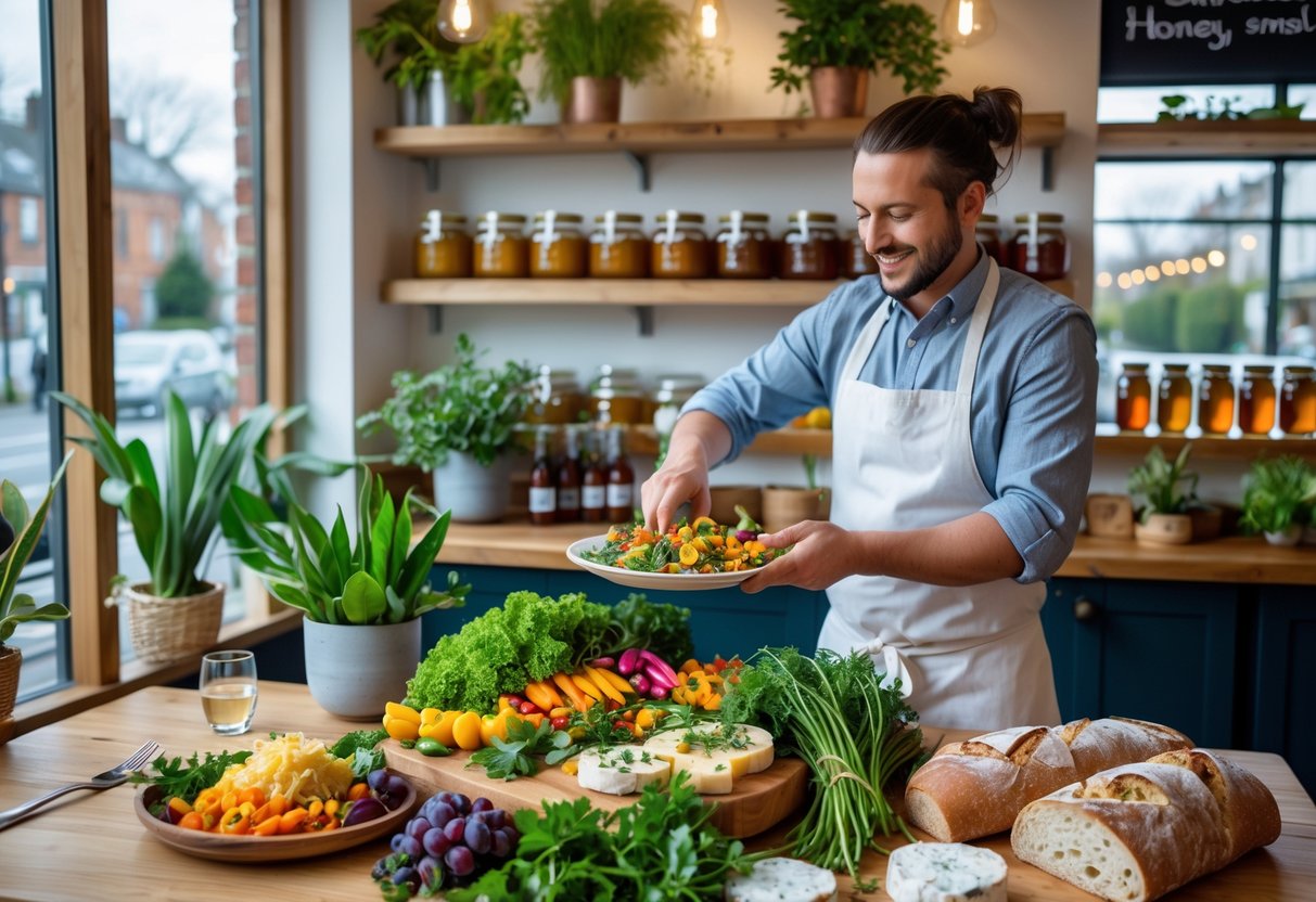 Interior of a sustainable restaurant in Dublin with fresh local produce, a chef preparing farm-to-table dishes, and shelves displaying artisanal products.