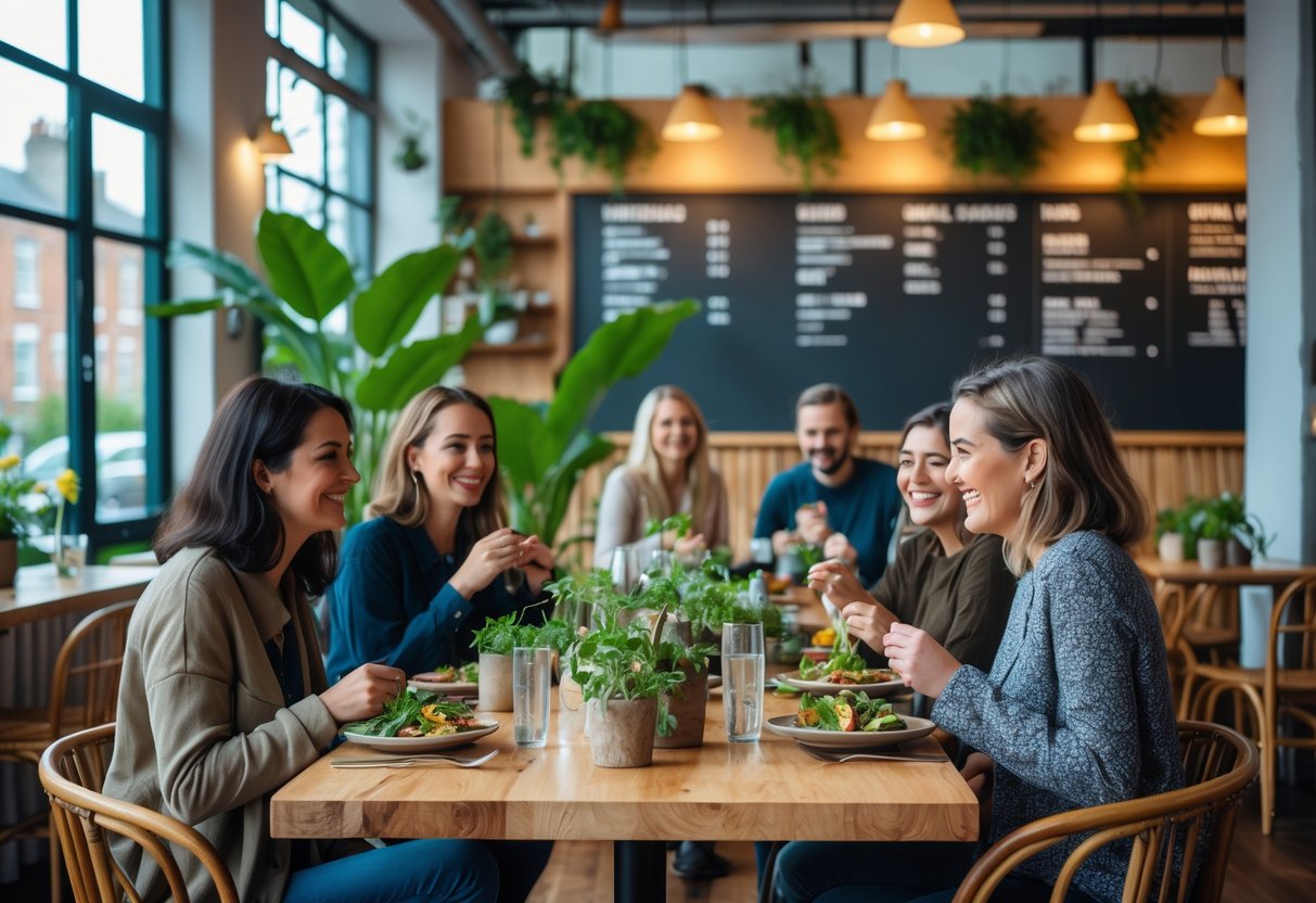 Diners enjoying meals in a bright, plant-filled sustainable restaurant with wooden tables and eco-friendly decor.