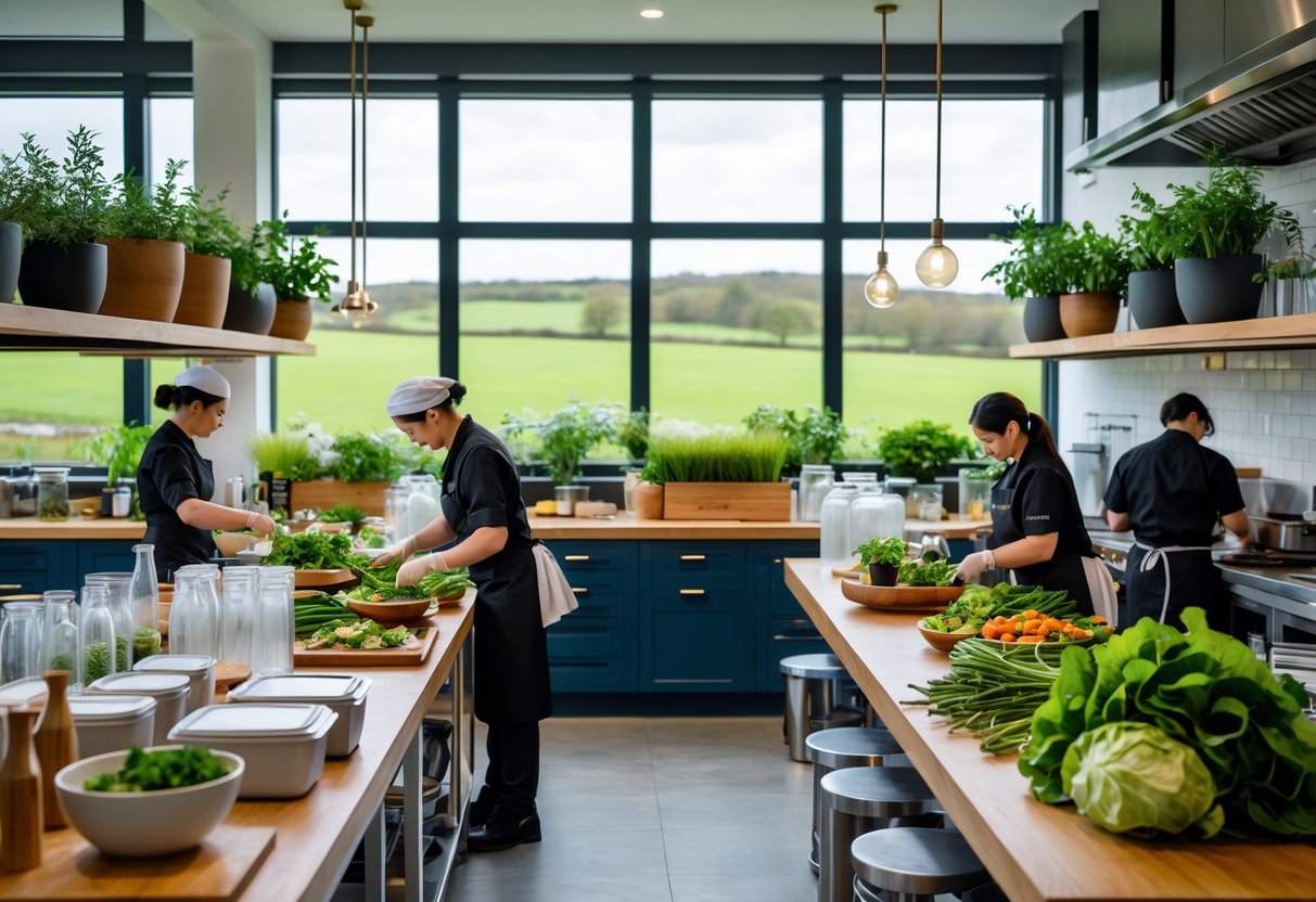 Chefs preparing fresh vegetables in a bright, eco-friendly restaurant kitchen with compost bins and plants visible.